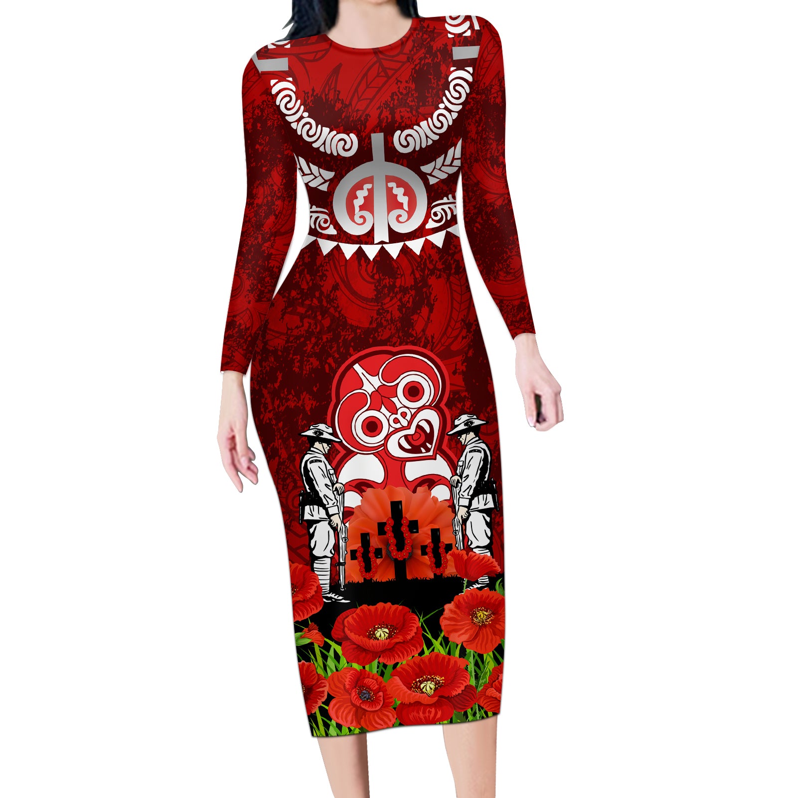 New Zealand ANZAC Waitangi Day Long Sleeve Bodycon Dress Hei Tiki and Soldier
