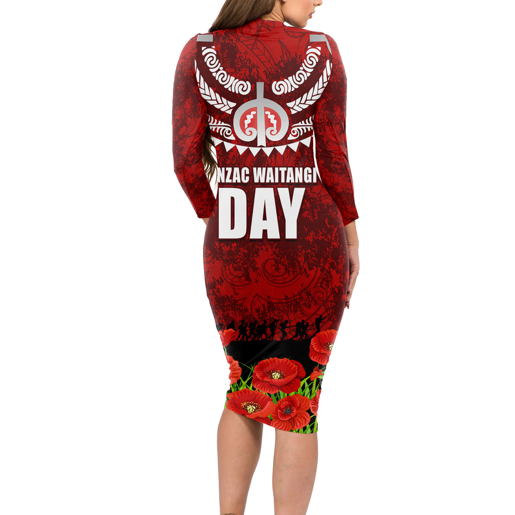 New Zealand ANZAC Waitangi Day Long Sleeve Bodycon Dress Hei Tiki and Soldier
