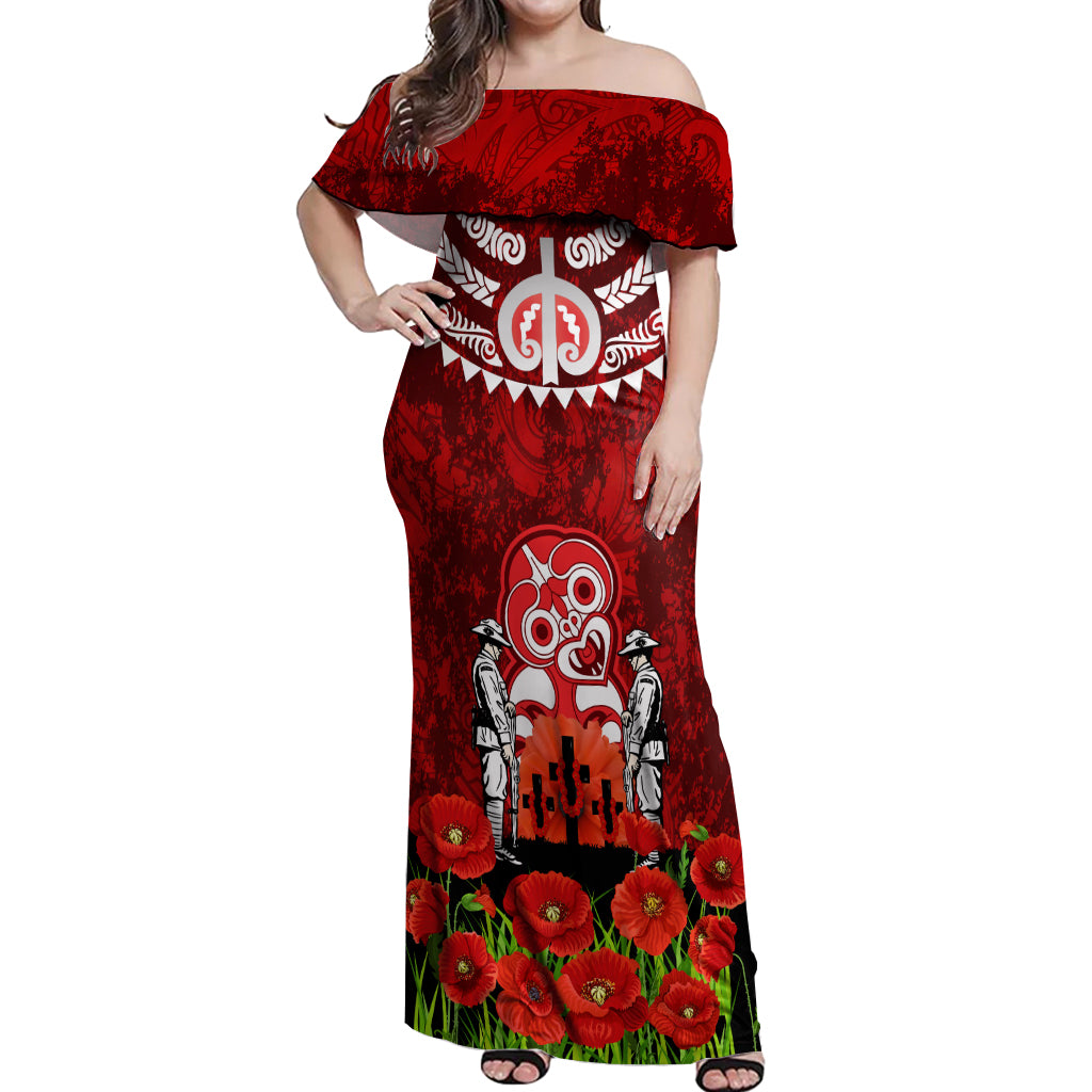 New Zealand ANZAC Waitangi Day Off Shoulder Maxi Dress Hei Tiki and Soldier