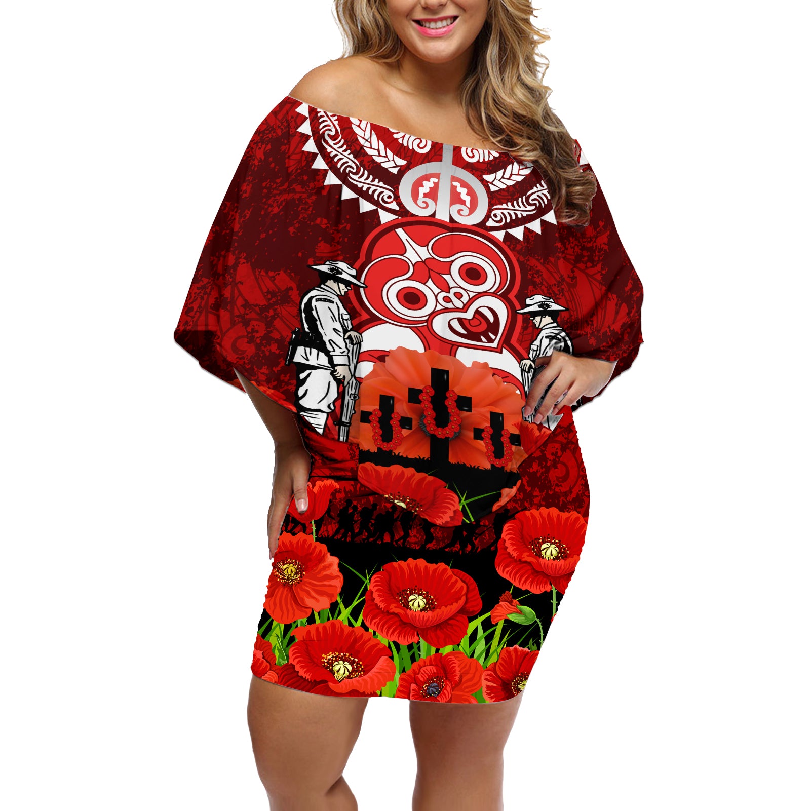 New Zealand ANZAC Waitangi Day Off Shoulder Short Dress Hei Tiki and Soldier