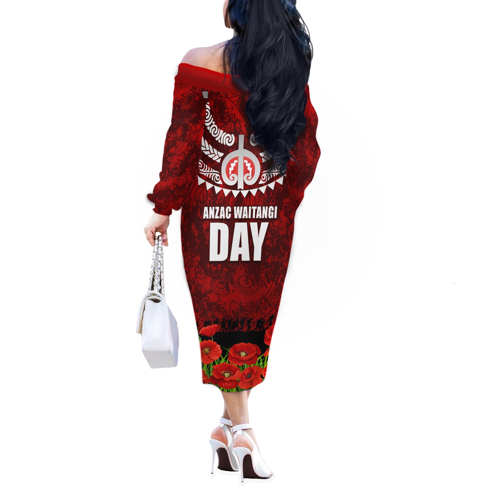 New Zealand ANZAC Waitangi Day Off The Shoulder Long Sleeve Dress Hei Tiki and Soldier