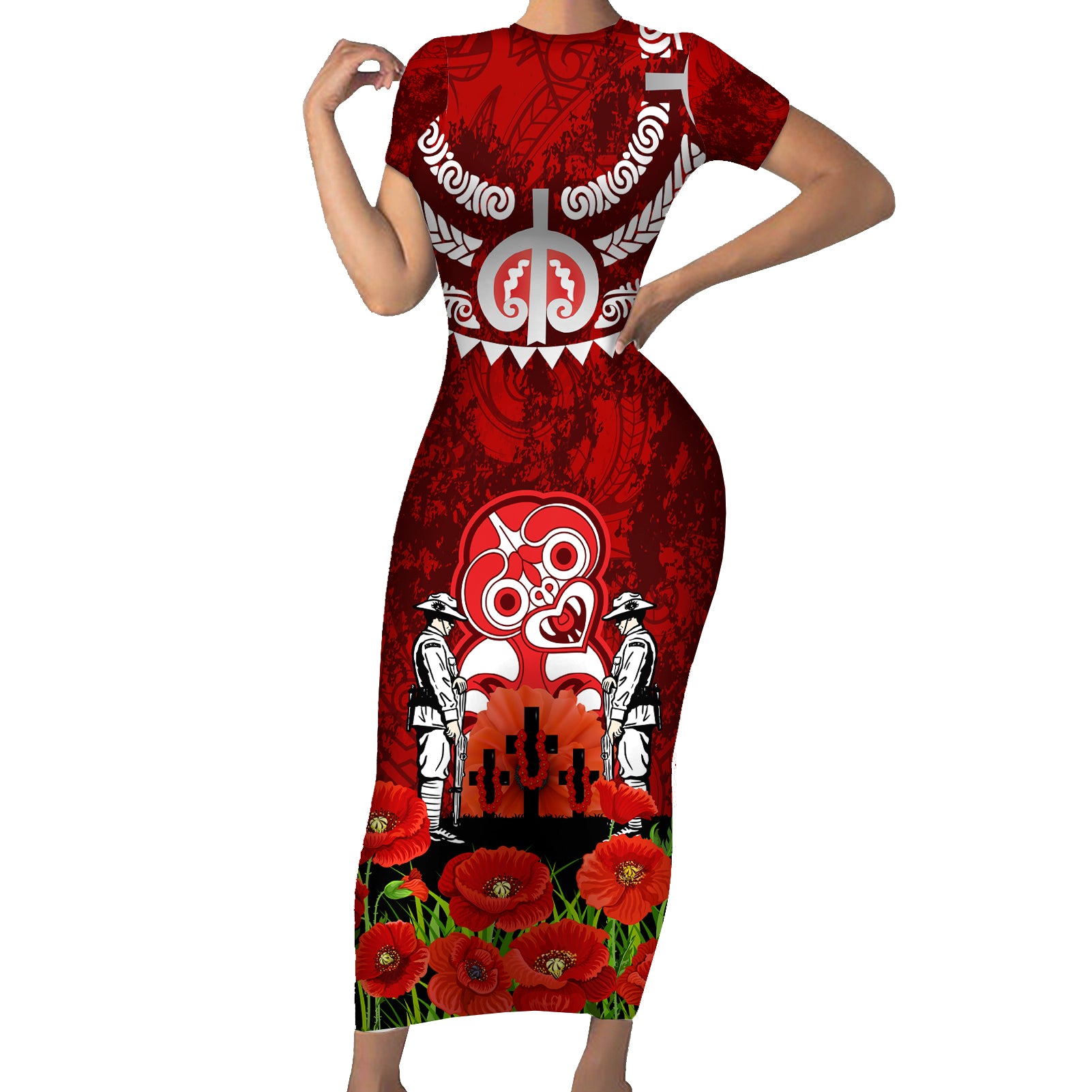 New Zealand ANZAC Waitangi Day Short Sleeve Bodycon Dress Hei Tiki and Soldier