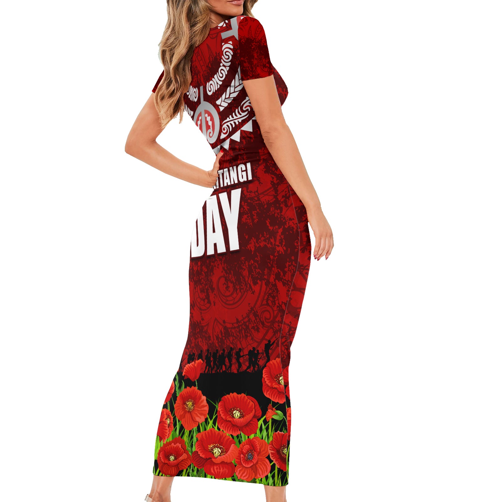 New Zealand ANZAC Waitangi Day Short Sleeve Bodycon Dress Hei Tiki and Soldier