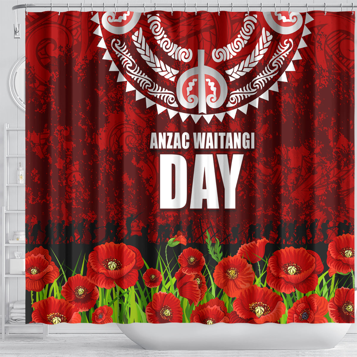 New Zealand ANZAC Waitangi Day Shower Curtain Hei Tiki and Soldier