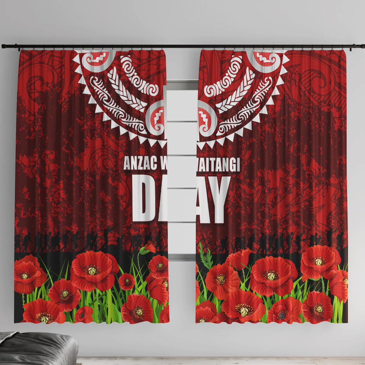 New Zealand ANZAC Waitangi Day Window Curtain Hei Tiki and Soldier