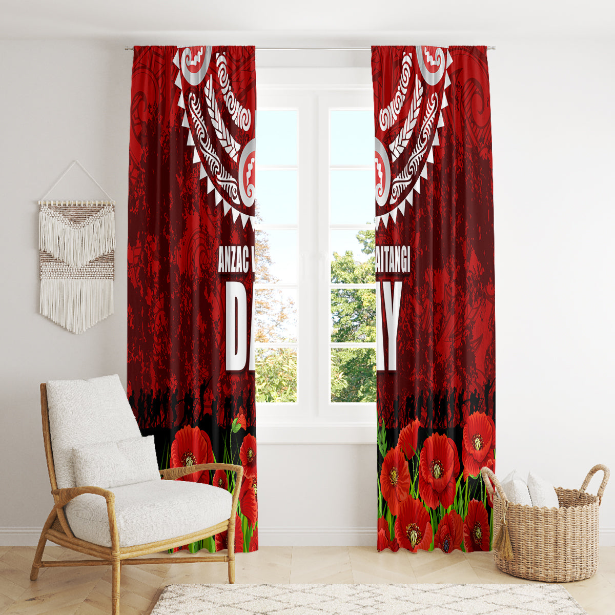New Zealand ANZAC Waitangi Day Window Curtain Hei Tiki and Soldier
