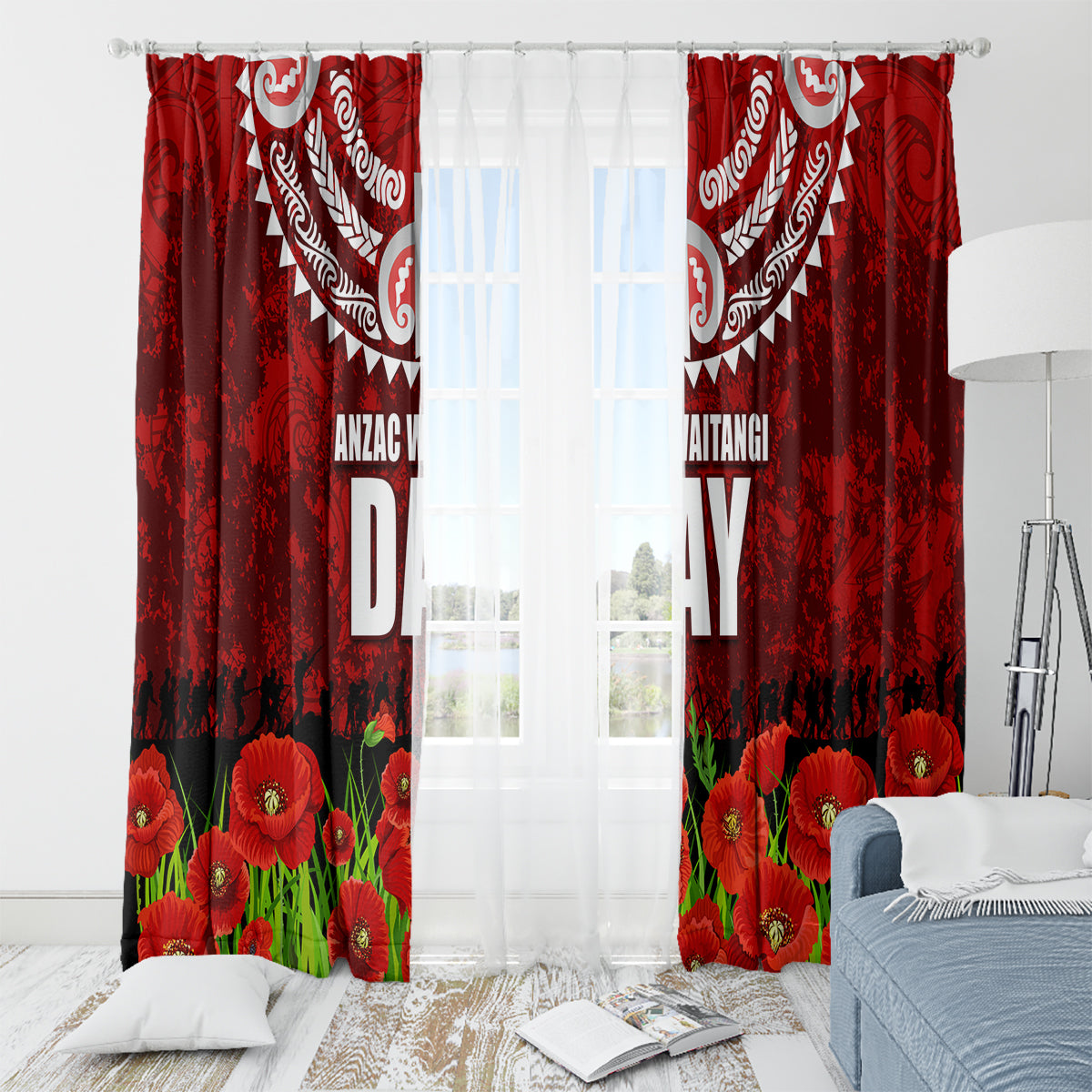 New Zealand ANZAC Waitangi Day Window Curtain Hei Tiki and Soldier