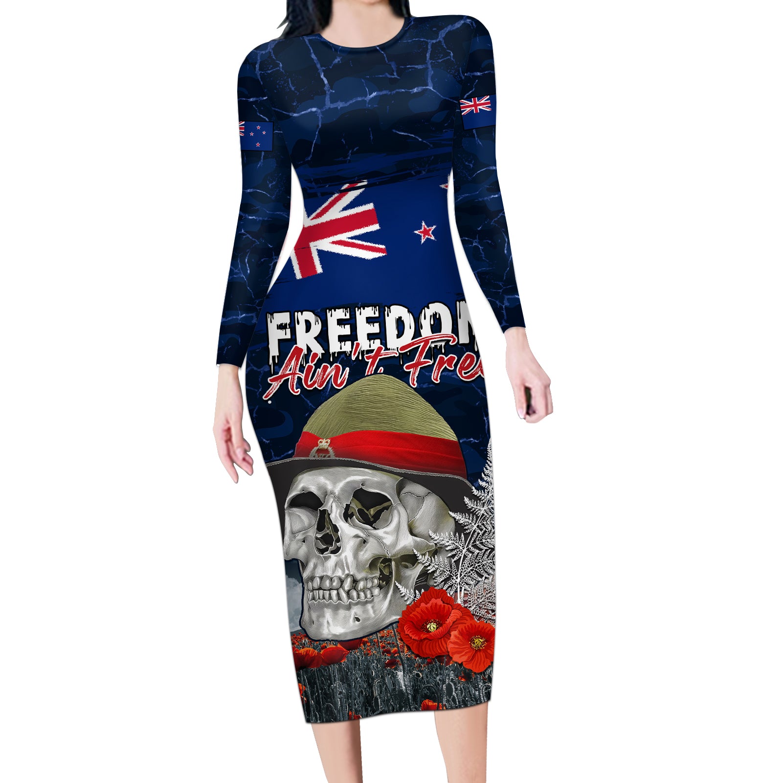 New Zealand ANZAC Day Long Sleeve Bodycon Dress Freedom Ain't Free