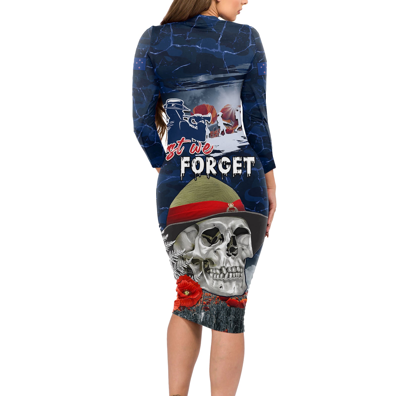 New Zealand ANZAC Day Long Sleeve Bodycon Dress Freedom Ain't Free
