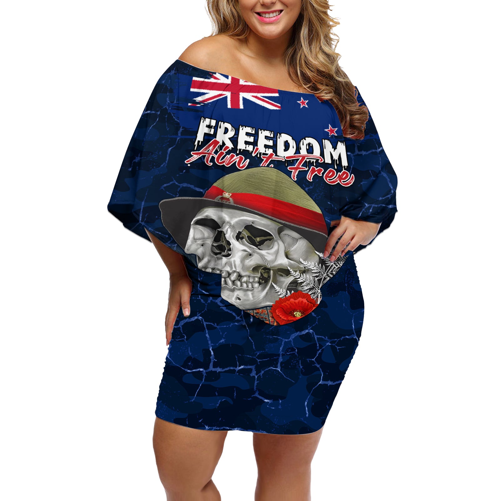New Zealand ANZAC Day Off Shoulder Short Dress Freedom Ain't Free