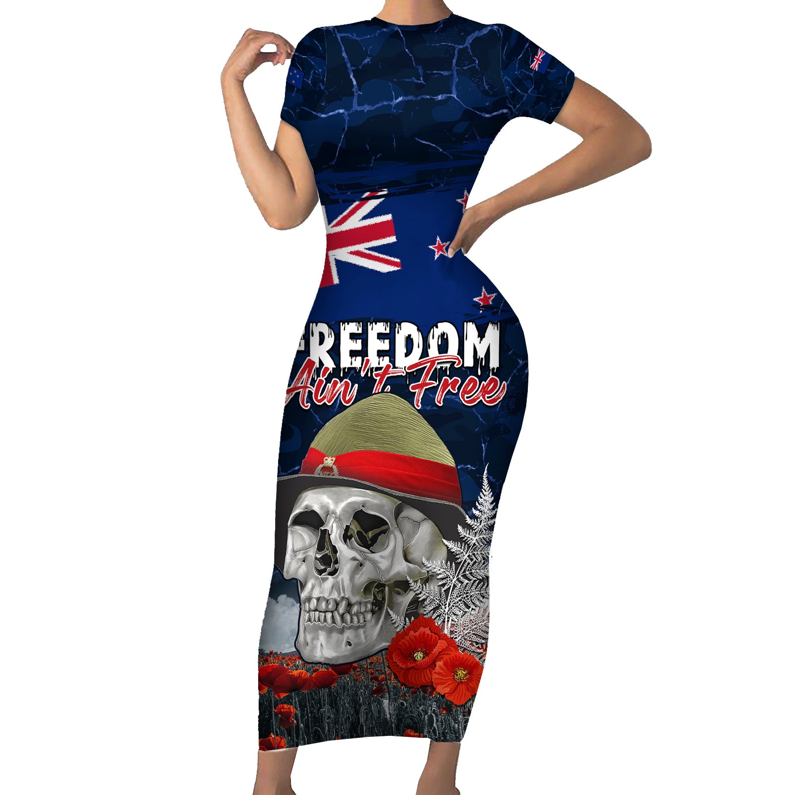 New Zealand ANZAC Day Short Sleeve Bodycon Dress Freedom Ain't Free