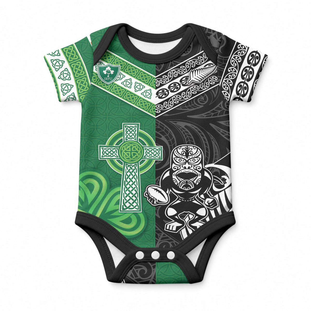 New Zealand And Ireland Rugby Custom Baby Onesie Maori Tiki With Shamrock