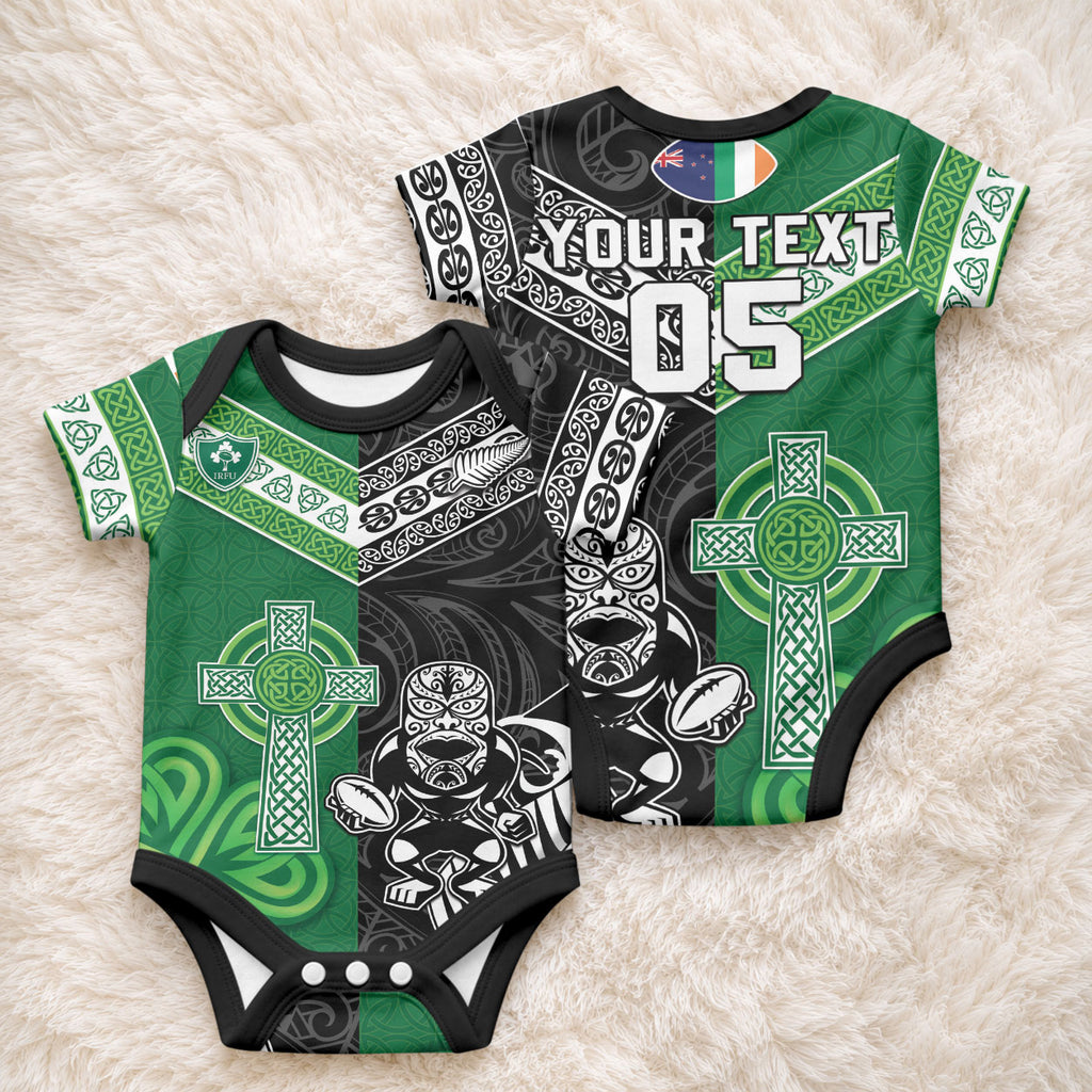 New Zealand And Ireland Rugby Custom Baby Onesie Maori Tiki With Shamrock