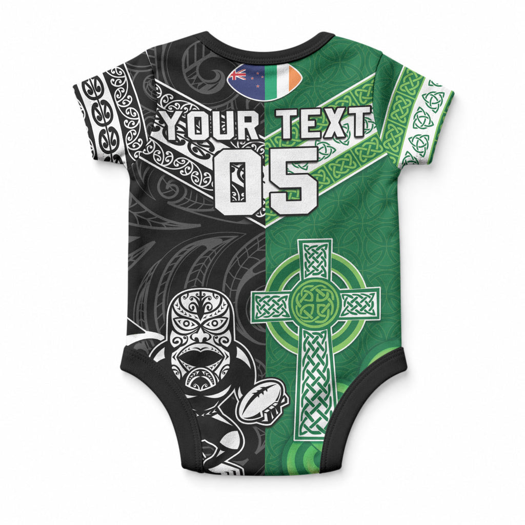 New Zealand And Ireland Rugby Custom Baby Onesie Maori Tiki With Shamrock