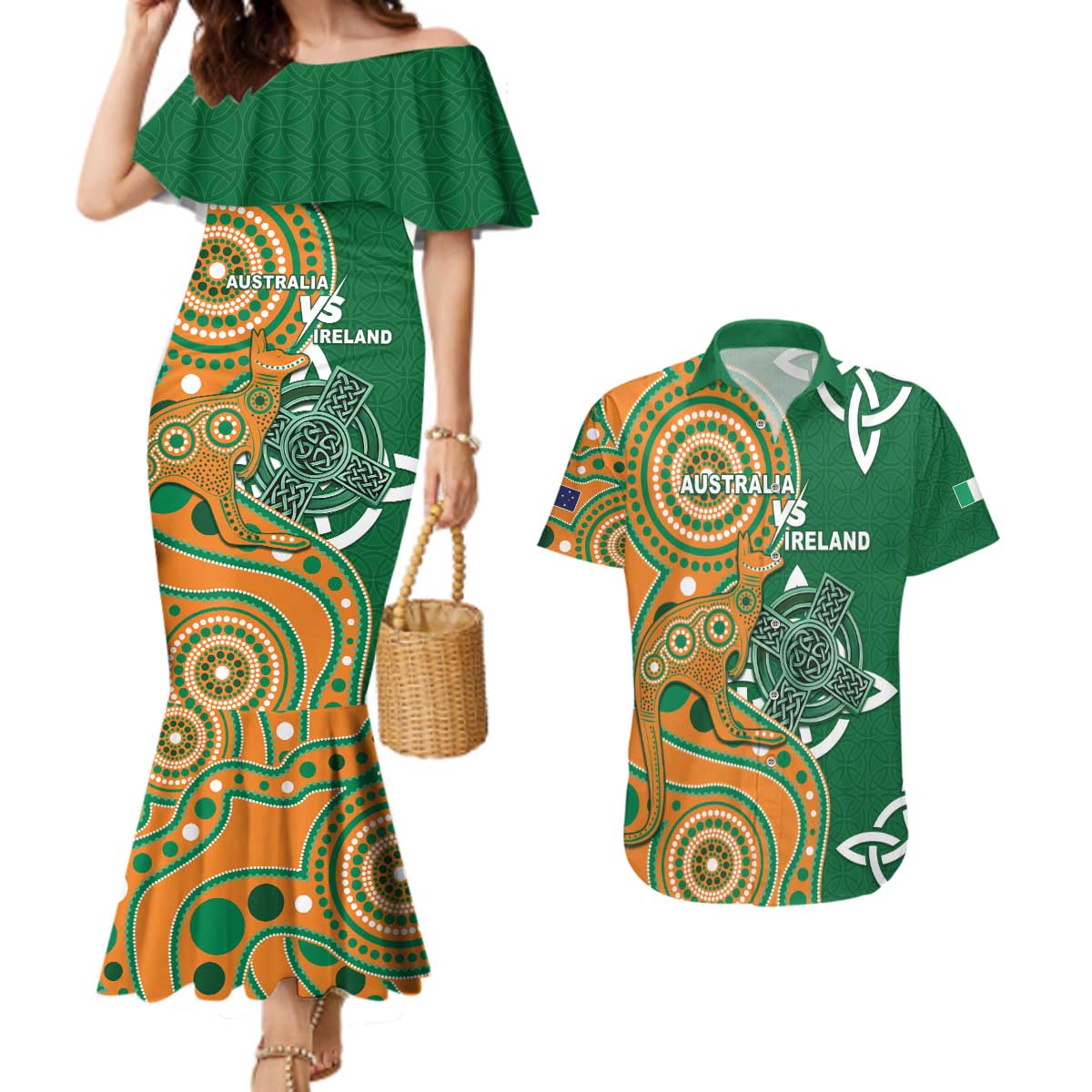 Australia And Ireland Rugby Custom Couples Matching Mermaid Dress and Hawaiian Shirt Walllabies And Shamrock Together