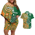 Australia And Ireland Rugby Custom Couples Matching Off Shoulder Short Dress and Hawaiian Shirt Walllabies And Shamrock Together