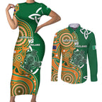 Australia And Ireland Rugby Custom Couples Matching Short Sleeve Bodycon Dress and Long Sleeve Button Shirt Walllabies And Shamrock Together