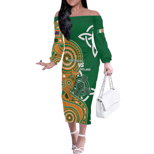 Australia And Ireland Rugby Custom Family Matching Off The Shoulder Long Sleeve Dress and Hawaiian Shirt Walllabies And Shamrock Together
