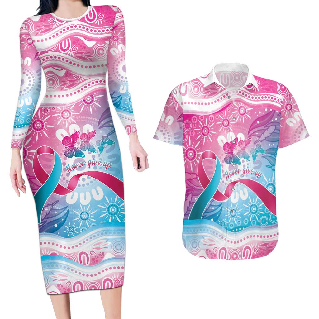 Australia Hereditary Cancer Awareness Couples Matching Long Sleeve Bodycon Dress and Hawaiian Shirt Never Give Up