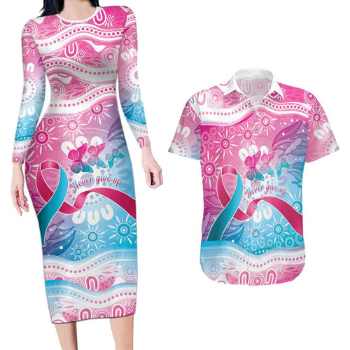 Australia Hereditary Cancer Awareness Couples Matching Long Sleeve Bodycon Dress and Hawaiian Shirt Never Give Up