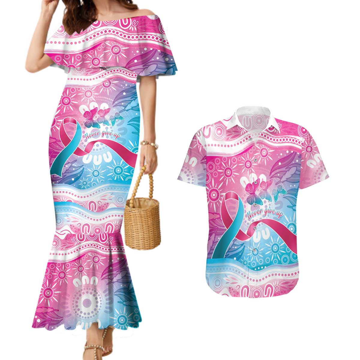 Australia Hereditary Cancer Awareness Couples Matching Mermaid Dress and Hawaiian Shirt Never Give Up