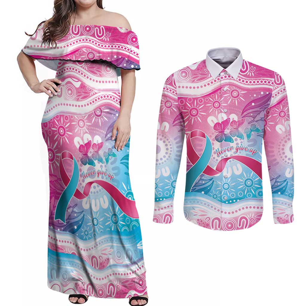 Australia Hereditary Cancer Awareness Couples Matching Off Shoulder Maxi Dress and Long Sleeve Button Shirt Never Give Up