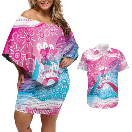 Australia Hereditary Cancer Awareness Couples Matching Off Shoulder Short Dress and Hawaiian Shirt Never Give Up