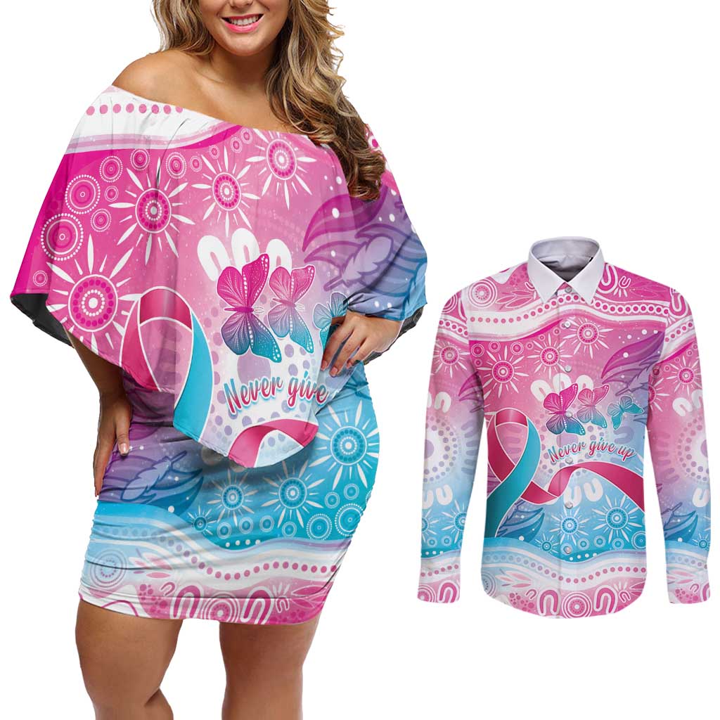 Australia Hereditary Cancer Awareness Couples Matching Off Shoulder Short Dress and Long Sleeve Button Shirt Never Give Up