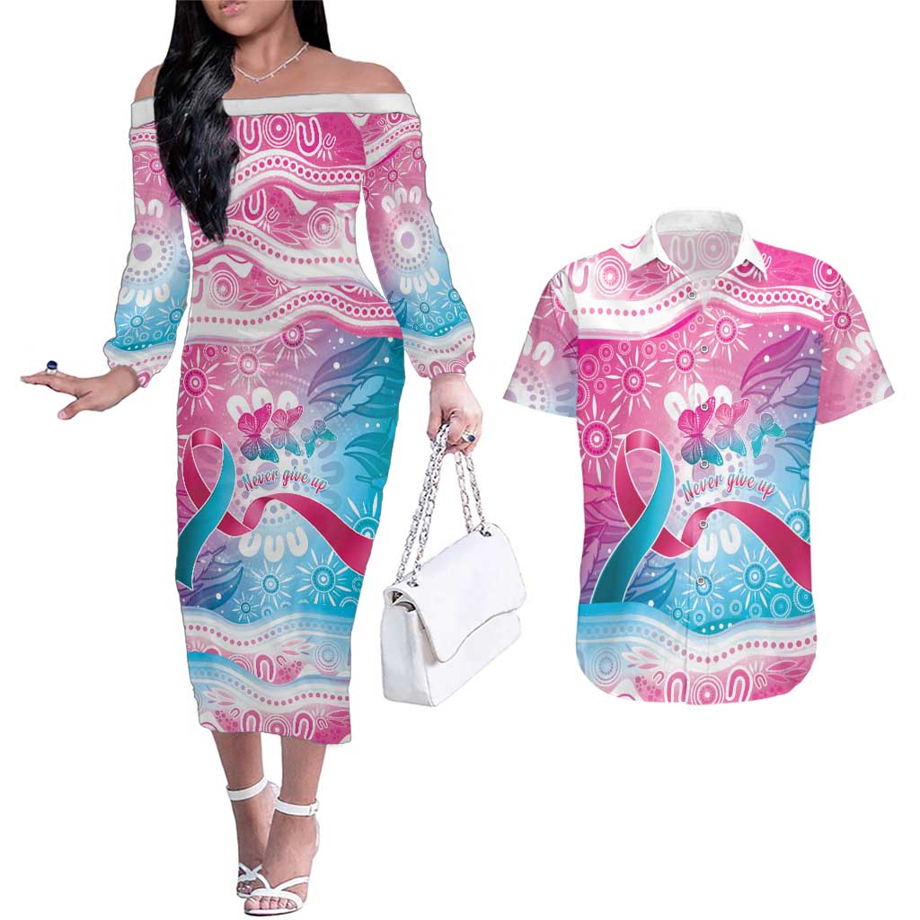Australia Hereditary Cancer Awareness Couples Matching Off The Shoulder Long Sleeve Dress and Hawaiian Shirt Never Give Up
