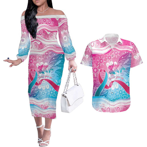 Australia Hereditary Cancer Awareness Couples Matching Off The Shoulder Long Sleeve Dress and Hawaiian Shirt Never Give Up