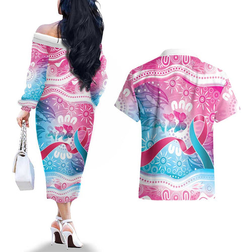 Australia Hereditary Cancer Awareness Couples Matching Off The Shoulder Long Sleeve Dress and Hawaiian Shirt Never Give Up