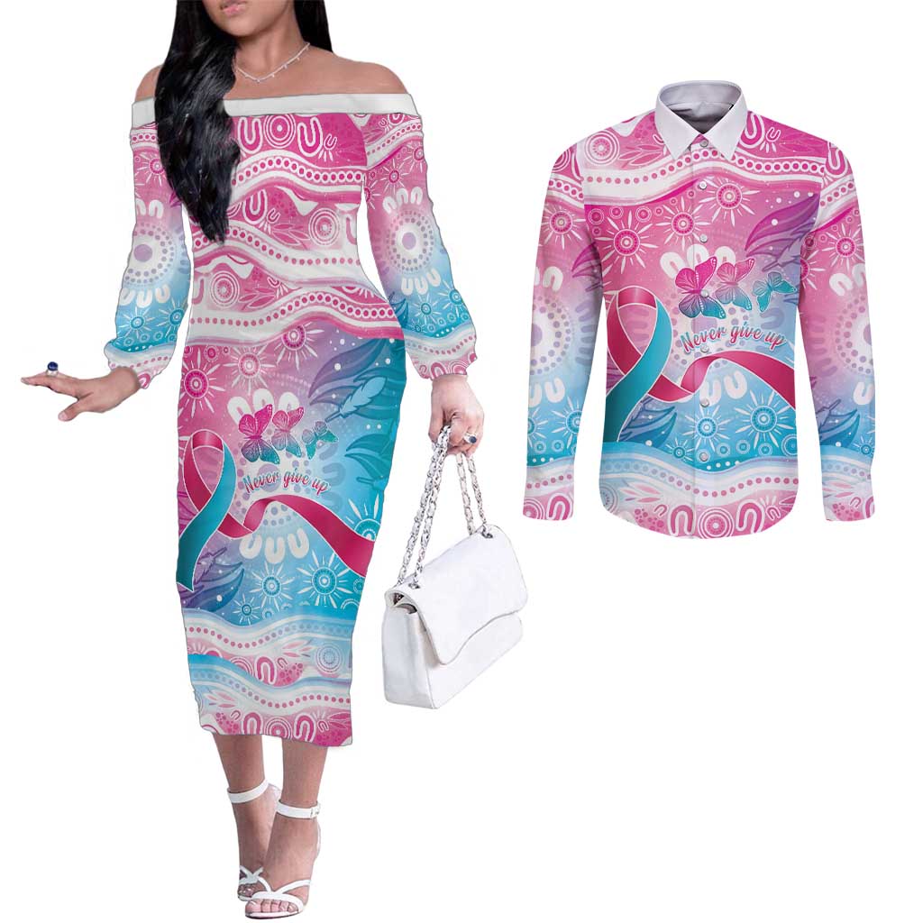 Australia Hereditary Cancer Awareness Couples Matching Off The Shoulder Long Sleeve Dress and Long Sleeve Button Shirt Never Give Up
