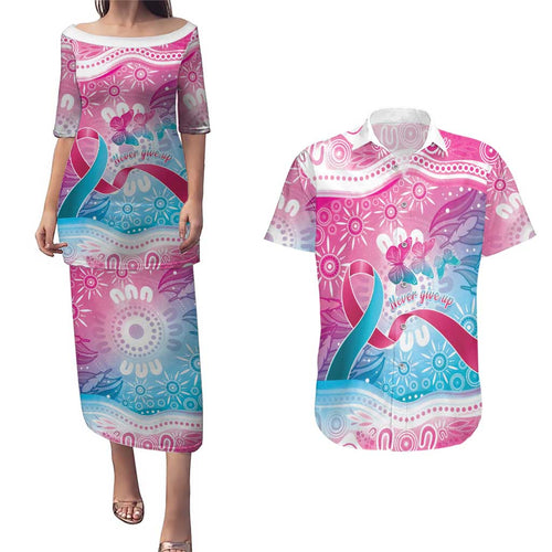 Australia Hereditary Cancer Awareness Couples Matching Puletasi and Hawaiian Shirt Never Give Up