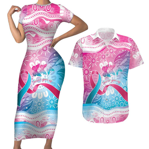 Australia Hereditary Cancer Awareness Couples Matching Short Sleeve Bodycon Dress and Hawaiian Shirt Never Give Up