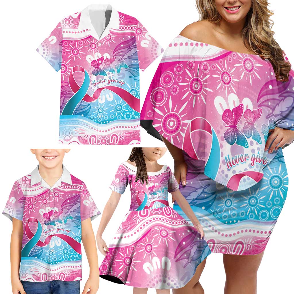 Australia Hereditary Cancer Awareness Family Matching Off Shoulder Short Dress and Hawaiian Shirt Never Give Up
