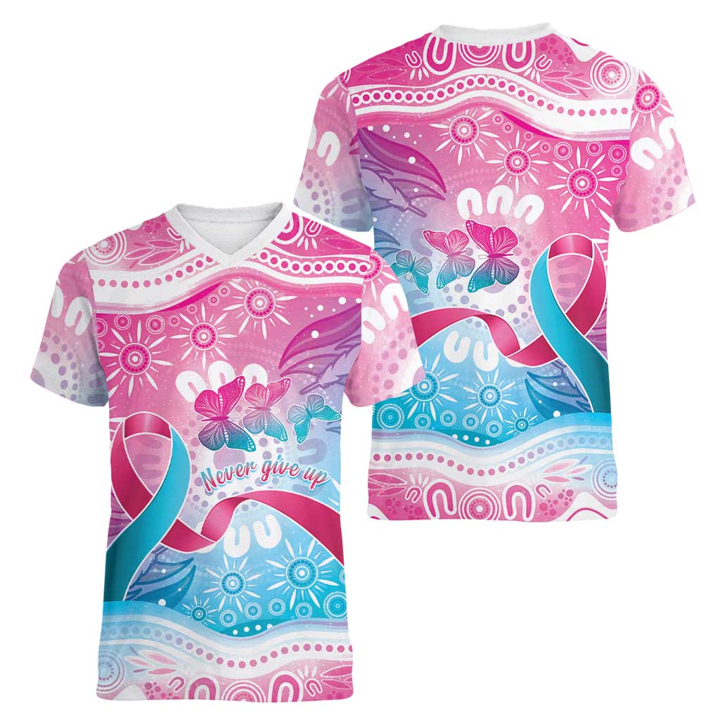 Australia Hereditary Cancer Awareness Women V-Neck T-Shirt Never Give Up