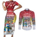 Personalised Christmas In July Couples Matching Short Sleeve Bodycon Dress and Long Sleeve Button Shirt Funny Dabbing Dance Koala And Blue Penguins