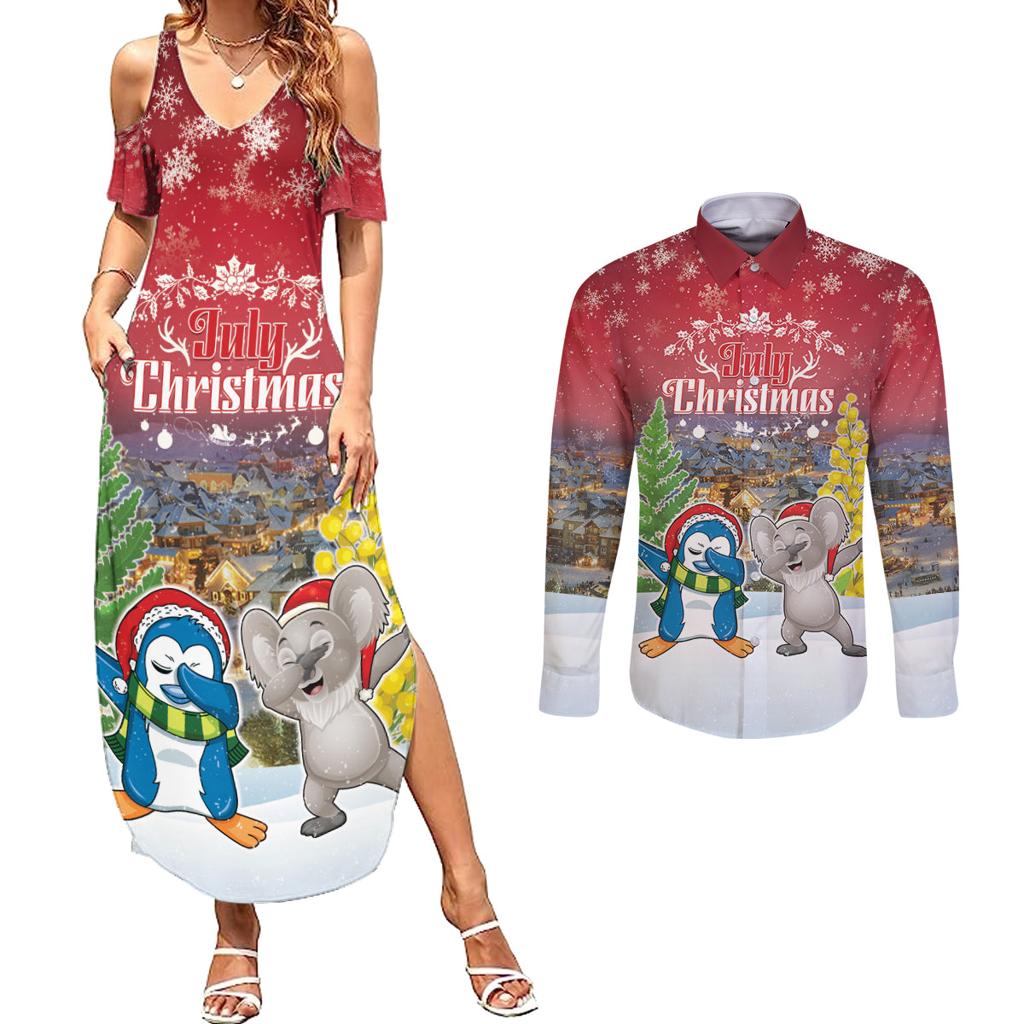 Personalised Christmas In July Couples Matching Summer Maxi Dress and Long Sleeve Button Shirt Funny Dabbing Dance Koala And Blue Penguins