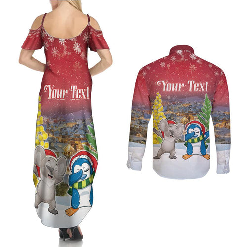 Personalised Christmas In July Couples Matching Summer Maxi Dress and Long Sleeve Button Shirt Funny Dabbing Dance Koala And Blue Penguins