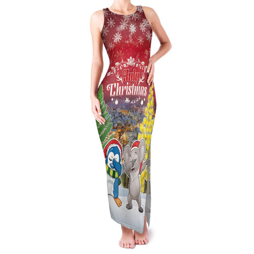 Personalised Christmas In July Family Matching Tank Maxi Dress and Hawaiian Shirt Funny Dabbing Dance Koala And Blue Penguins