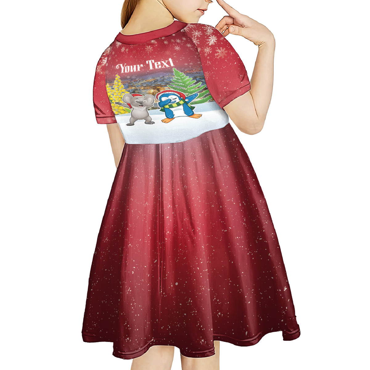Personalised Christmas In July Kid Short Sleeve Dress Funny Dabbing Dance Koala And Blue Penguins