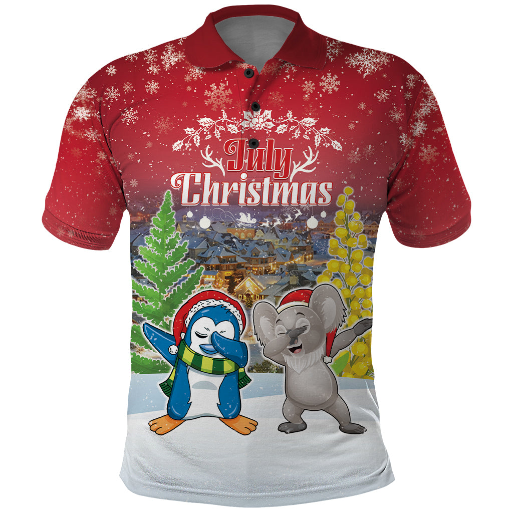 Personalised Christmas In July Polo Shirt Funny Dabbing Dance Koala And Blue Penguins