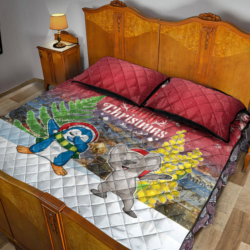 Christmas In July Quilt Bed Set Funny Dabbing Dance Koala And Blue Penguins