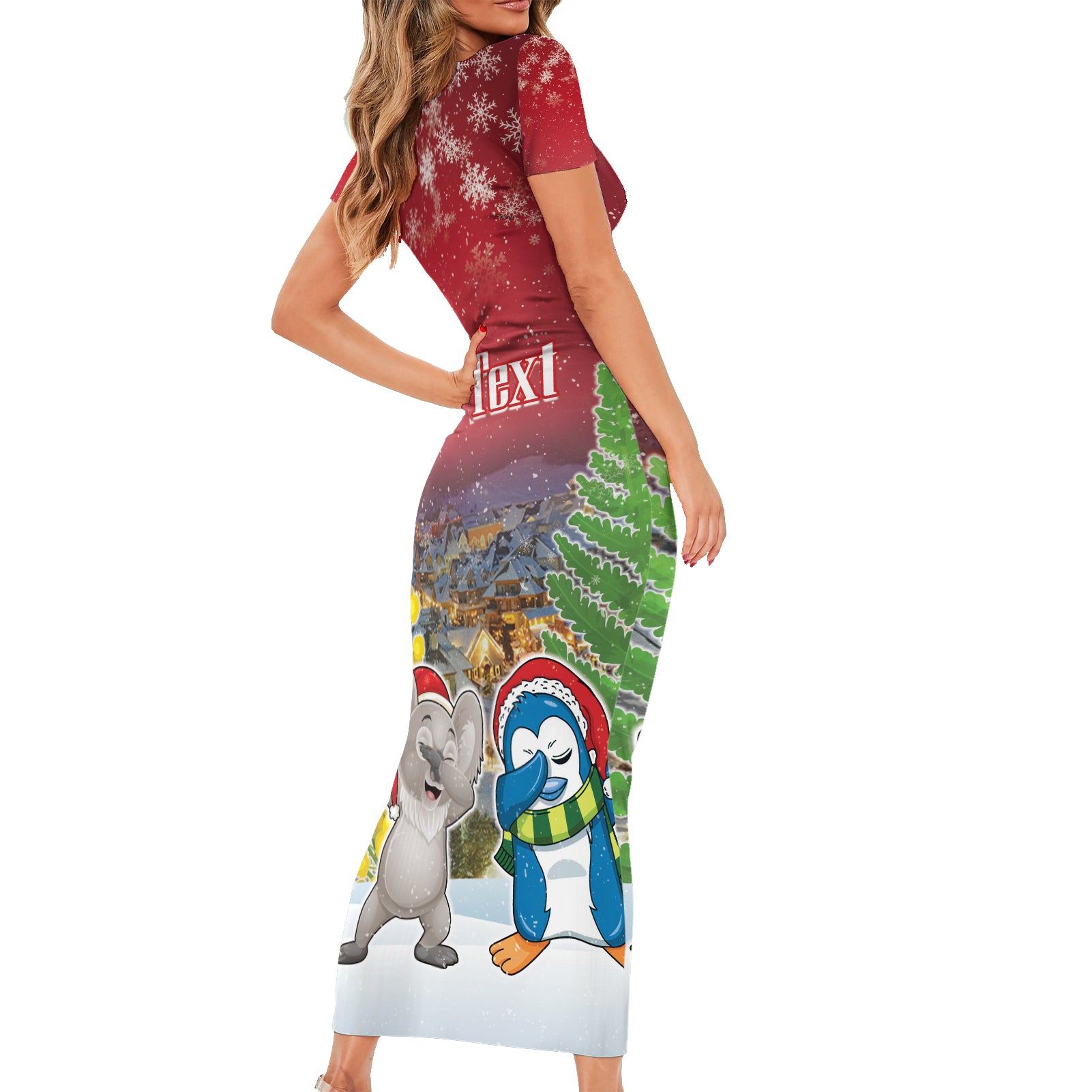 Personalised Christmas In July Short Sleeve Bodycon Dress Funny Dabbing Dance Koala And Blue Penguins