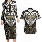Custom Aotearoa Waikato Tainui Couples Matching Long Sleeve Bodycon Dress and Hawaiian Shirt Maori Tribal Pattern