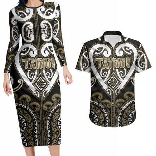 Custom Aotearoa Waikato Tainui Couples Matching Long Sleeve Bodycon Dress and Hawaiian Shirt Maori Tribal Pattern