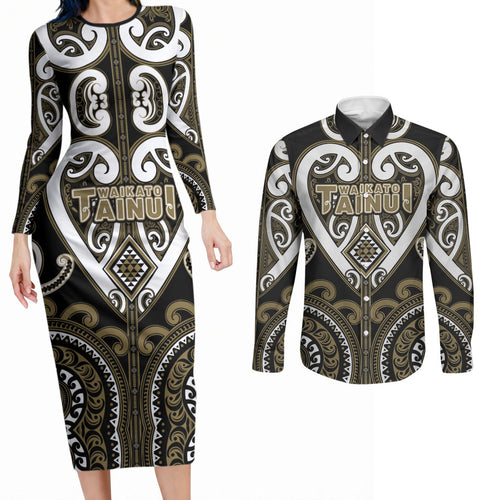 Custom Aotearoa Waikato Tainui Couples Matching Long Sleeve Bodycon Dress and Long Sleeve Button Shirt Maori Tribal Pattern