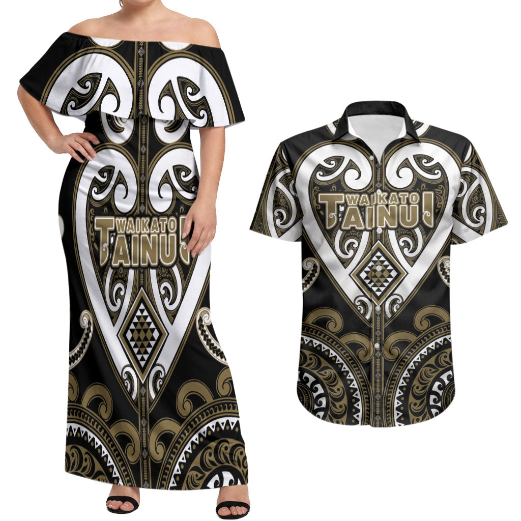 Custom Aotearoa Waikato Tainui Couples Matching Off Shoulder Maxi Dress and Hawaiian Shirt Maori Tribal Pattern