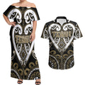 Custom Aotearoa Waikato Tainui Couples Matching Off Shoulder Maxi Dress and Hawaiian Shirt Maori Tribal Pattern
