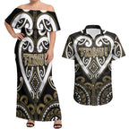 Custom Aotearoa Waikato Tainui Couples Matching Off Shoulder Maxi Dress and Hawaiian Shirt Maori Tribal Pattern